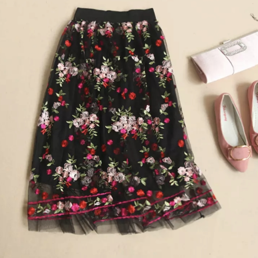 Embroidered Rose Floral Mesh Lace Gauze Midi Skirt Boho Romantic